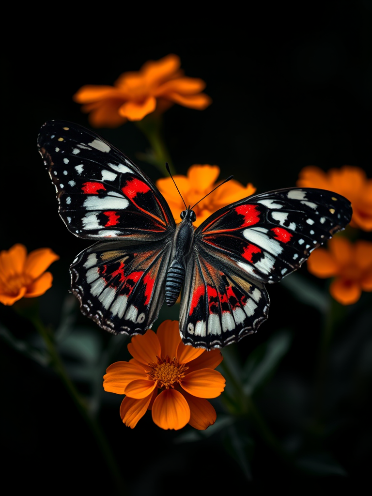 Create an image of a butterfly with striking black and white wings featuring vibrant red patterns, perched on bright orange flowers against a dark background. The scene should capture the delicate details of the butterfly's wings and the vivid colors of the flowers, highlighting the beauty of nature.