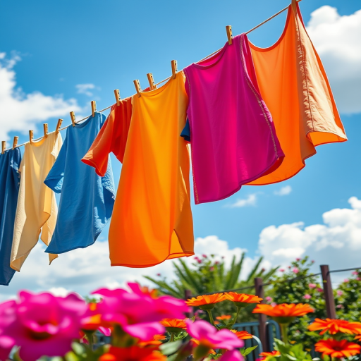 regenerate an illustration of colorful clothes hanging on a clothesline in a sunny outdoor setting, with blue sky and fluffy clouds, vibrant flowers in the foreground, use a Canon EOS 5D Mark IV, 50mm lens, f/8 aperture, 1/200 sec shutter speed, bright and vibrant color saturation, shallow depth of field to isolate the clothes, natural lighting.
