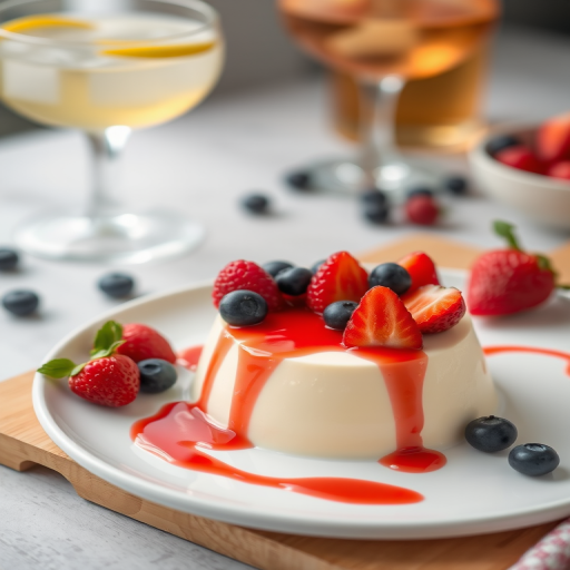 A delicious panna cotta dessert topped with fresh strawberries raspberries and blueberries on a white plate with a drizzle of red fruit sauce served on a wooden cutting board with a glass of drink in the background