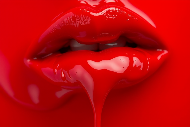 close-up of glossy red lips dripping with red liquid on a vibrant red background, 50mm lens, f/1.8 aperture, ISO 100, 1/200s shutter speed, shot in high dynamic range with a softbox lighting effect, macro photography style.