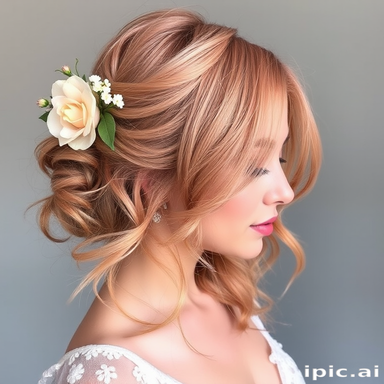 Soft rose gold hair styled in romantic, loose curls with a floral hair accessory, the Blushing Bloom style embodies feminine charm and delicate beauty