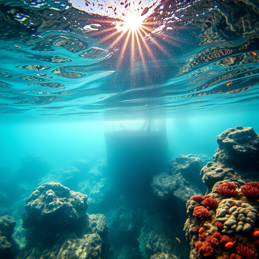 Underwater scene with sunlight filtering through water, showcasing rocky formations and vibrant marine life, shot with a Canon EOS R5, f/11 aperture, ISO 100, 1/60 sec shutter speed, wide-angle lens, capturing a serene and immersive underwater perspective.