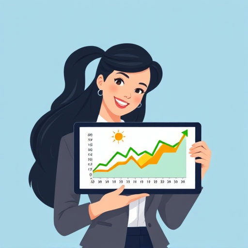 Create an illustration of a confident businesswoman presenting a tablet with a graph showing increasing performance metrics, use vibrant colors for the graph lines (green, yellow, orange), set against a soft blue background, camera settings: f/8 aperture, ISO 100, 50mm lens, camera view: eye level, camera style: flat design, camera type: digital illustration.