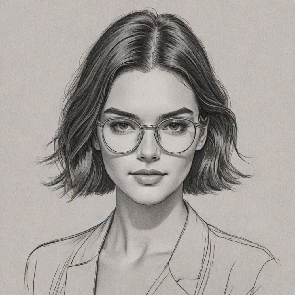 Lovely Kendall Jenner, pencil sketch, portrait of Comely woman 1930s in glasses, hair style beatnik, outline, clear lines, fine lines, 8k