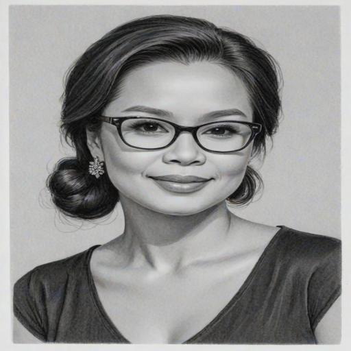 Lovely Lea Salonga, pencil sketch, portrait of Exquisite woman 1957s in glasses, hair style beatnik, outline, clear lines, fine lines, 8k