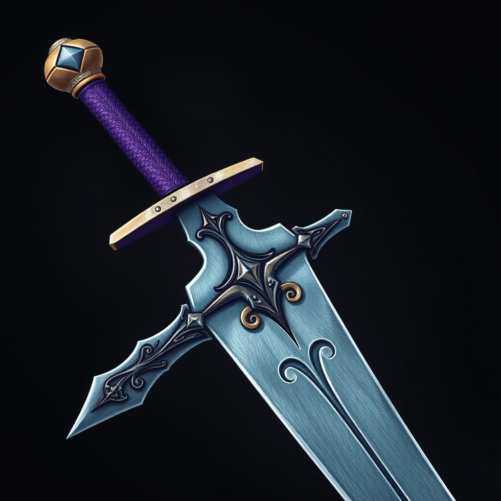 Create a highly detailed illustration of a sword with a purple handle and intricate designs, with a focus on the blade's sharpness and texture, using a DSLR camera at f/2.8, 35mm lens, ISO 100, and natural lighting.