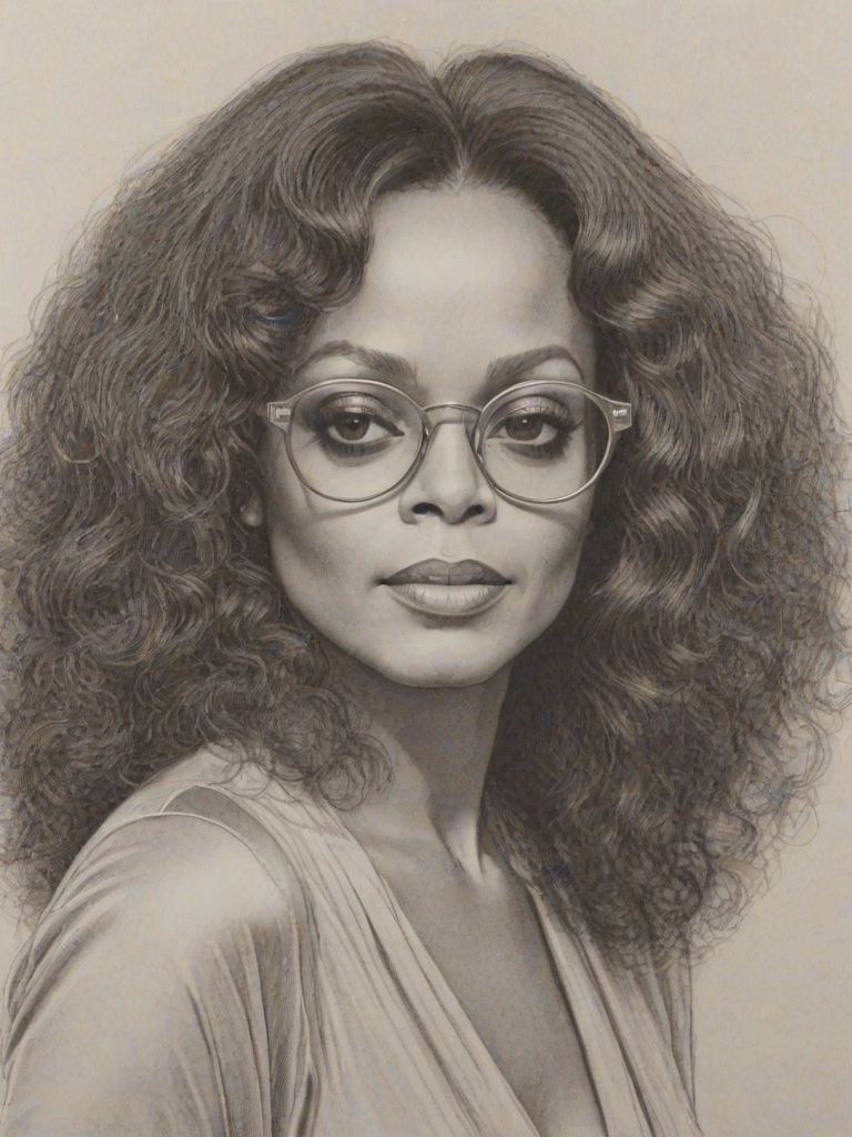 Gorgeous Diana Ross, pencil sketch, portrait of Beauteous woman 1976s in glasses, hair style beatnik, outline, clear lines, fine lines, 8k