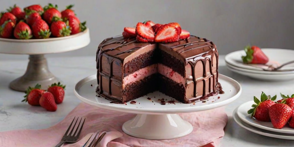Generate an image of a chocolate cake with a smooth pink frosting, topped with fresh strawberries and chocolate drizzle. The cake should be partially sliced to show layers of chocolate cake, strawberry filling, and cream. Include two plates with slices of the cake, and a simple, elegant background.