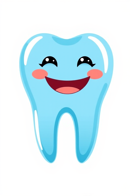 Illustration of a stylized blue tooth with a bright smile, flat design, against a white background, high resolution, 300 DPI, shot with a DSLR camera at f/2.8 aperture and 50mm lens, bright natural lighting, top-down view for clarity and detail.