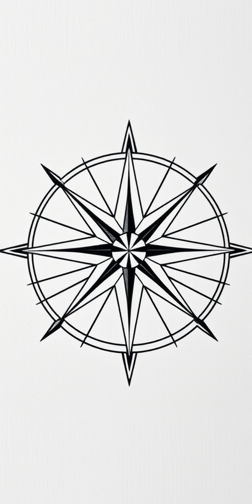 Create a detailed compass rose design with sharp lines and contrast, using a professional DSLR camera with a 50mm lens, f/1.8 aperture, ISO 100, and natural light to enhance the clarity and depth of the image.