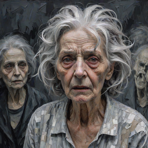 Final exit party. Dark Moody impasto dark picture edges. old woman. grey untidy hair streaked with white and pastel muted colours. include whole head and neck and shoulders. death lurks in the background.