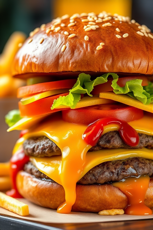High-resolution, close-up image of a gourmet double cheeseburger. The burger features a glossy, sesame-seed-topped brioche bun. Inside, there are two thick, juicy beef patties, each topped with melted cheddar cheese. The burger is garnished with fresh lettuce, tomato slices, diced onions, and pickles. A generous amount of ketchup and a creamy, orange-colored sauce is dripping down the sides, adding to the mouth-watering appeal. In the background, there are blurred elements including a side of golden French fries and a hint of a beverage, enhancing the overall presentation of a delicious meal.