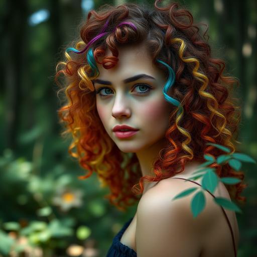Portrait of a young woman with colorful curly hair in a mystical forest, soft focus, 50mm lens, f/1.8 aperture, natural lighting, high dynamic range, DSLR camera.