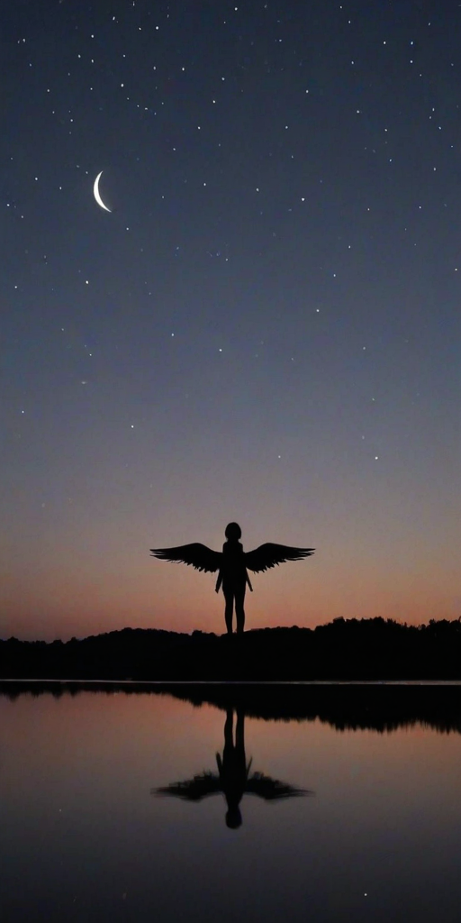 silhouette of a figure with wings standing on a horizon at sunset with stars in the sky and a crescent moon
