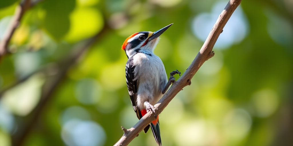 Capture a close-up of a woodpecker on a tree branch with a shallow depth of field, using a DSLR camera with a 300mm lens, aperture set to f/2.8, ISO 200, and shutter speed of 1/1000s, in natural lighting to enhance color vibrance and detail.