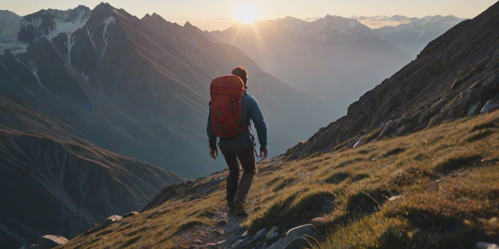 Blurry action shot of a hiker climbing a steep mountain trail at dawn, soft focus on the distant snow-capped peaks, with a feeling of adventure and determination filling the air.