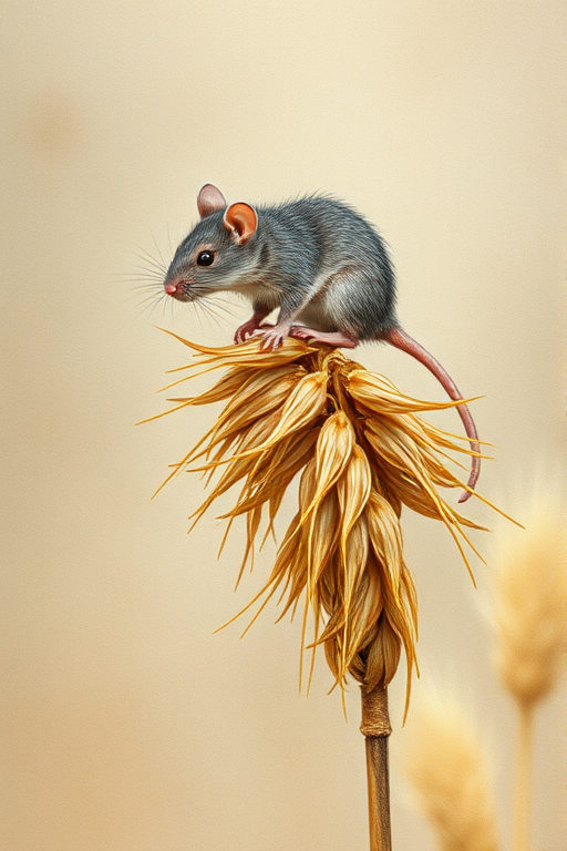 Soft, muted Alcohol Ink with ebru effect background image of tiny whimsical rat, who climbed high on the top of a golden rye ear.