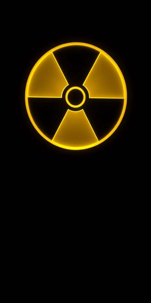 Regenerate the image of a glowing yellow radioactive symbol against a dark background, using a DSLR camera with a 50mm lens, aperture f/1.8, ISO 200, shutter speed 1/100s, and a macro view to enhance details and clarity.