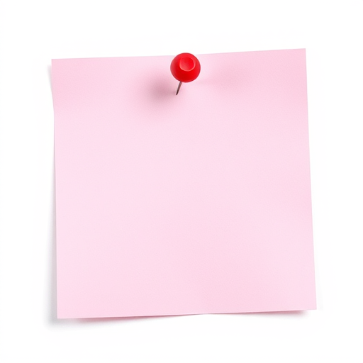 Create a high-resolution illustration of a blank sticky note with a red pushpin on a light background, using a 50mm lens, f/2.8 aperture, ISO 100, top-down view, digital illustration style, and ensure smooth gradients and vibrant colors for enhanced image quality.