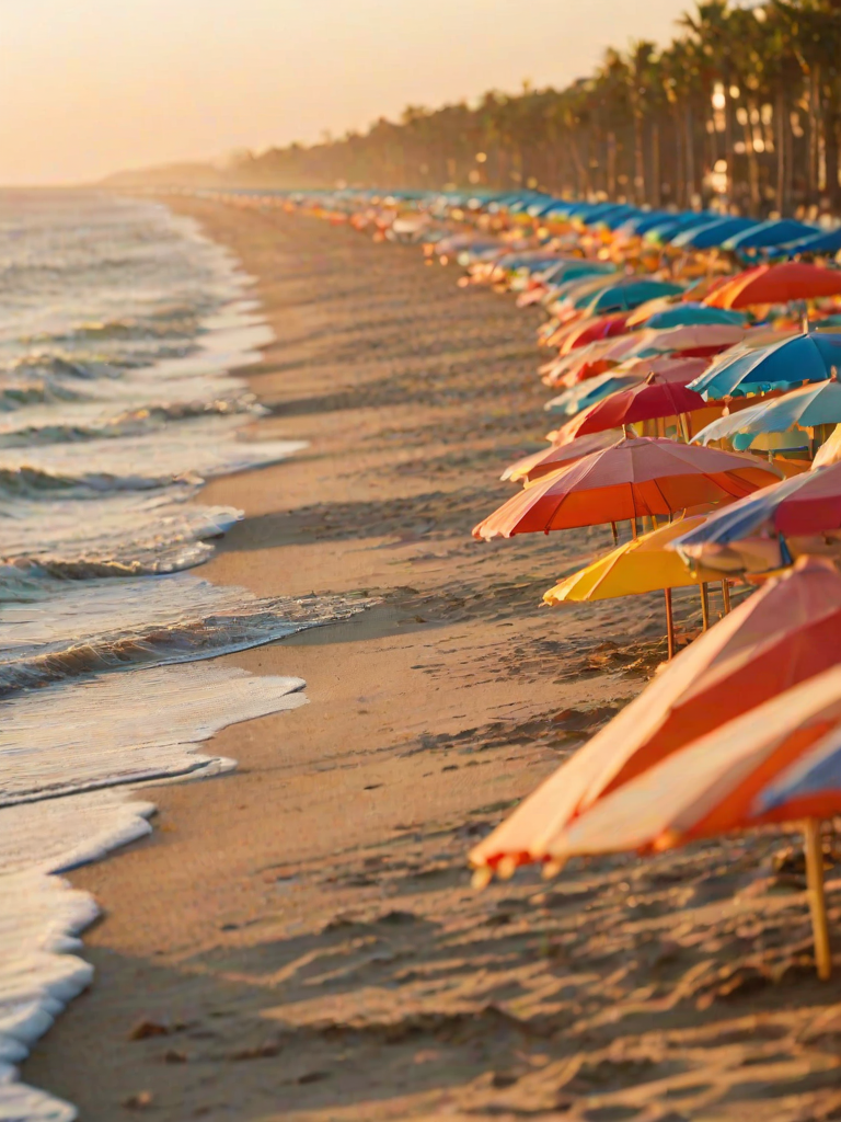 Soft-focus image of a row of colorful beach umbrellas lined up along a sandy shore, soft golden light from the setting sun reflecting off the ocean, with gentle waves lapping at the beach.