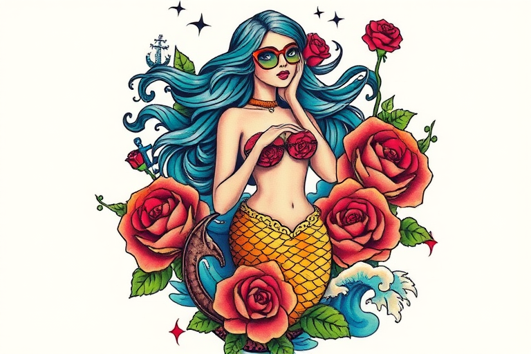 Neo-traditional tattoo dubbed "Sailor's Lament" portraying a bold colorful mermaid with flowing hair surrounded by stylized waves roses and nautical elements using thick outlines and saturated hues