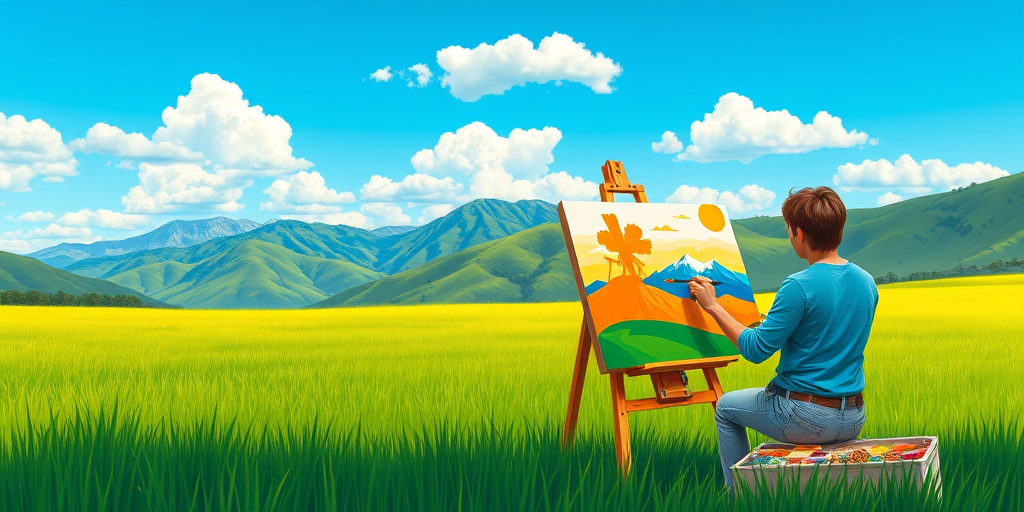Create an illustration of a person painting on an easel in a green field with mountains in the background, using vibrant colors and a colorful palette, with a clear blue sky and fluffy white clouds, captured with a DSLR camera at f/8 aperture, 50mm lens, and natural lighting for enhanced clarity and detail.