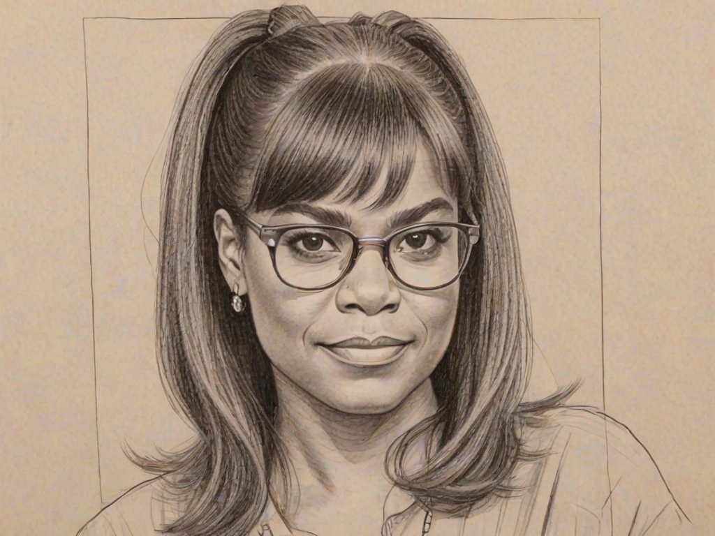 Comely Tracy Morgan, pencil sketch, portrait of Enticing woman 1979s in glasses, hair style beatnik, outline, clear lines, fine lines, 8k