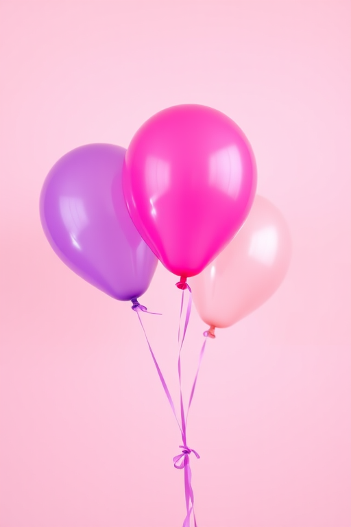 Generate a vibrant image of three balloons (purple, pink, and green) floating against a soft gradient background, using a DSLR camera, 50mm lens, aperture f/1.8, ISO 100, and a shallow depth of field to enhance focus on the balloons.