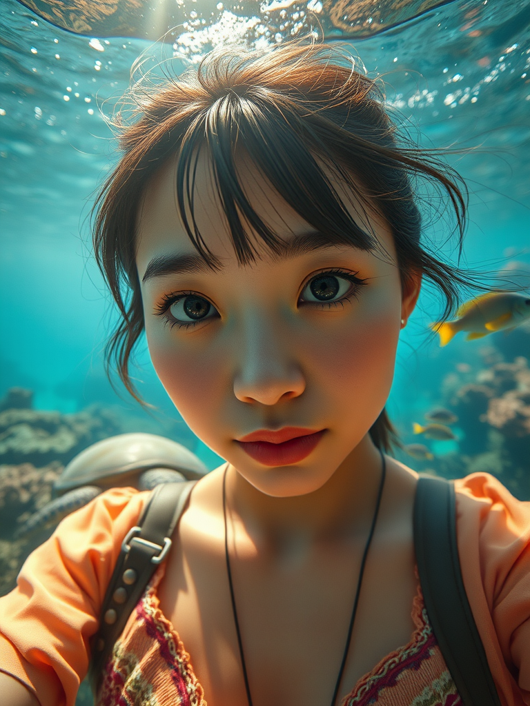 Realistic selfie image of a Asian, wearing a vintage outfit, detailed dreamy eyes, droopy hooded eyes, staring at the camera, taken underwater at coral reef with a sunbeam filtering through the water, vibrant, summer vacation, natural lighting, turtle and school of tropical fish with vibrant colors, rendered in the style of CryEngine, Pegi Nicol MacLeod, with realistic genre scenes, hauntingly beautiful narratives, ultra-realism, and Thomas Saliot's close-up technique, 8K resolution, crystal clear and sparkling water.