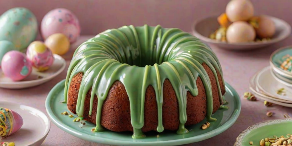 Create an image of a round bundt cake with a glossy green glaze drizzled on top. The cake should be decorated with chopped pistachios and small colorful chocolate candies. Place it on a black wire rack, with soft pastel plates in the background and a few decorative items like an Easter egg and a small bunny figurine nearby. Use a bright, light setting to enhance the cheerful atmosphere.