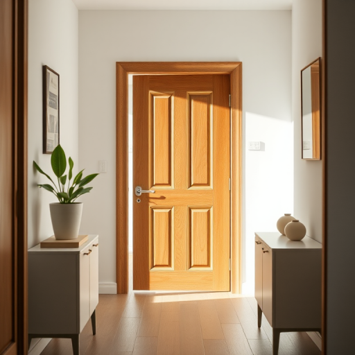 interior hallway with wooden door, bright lighting, minimalist decor, potted plant on a white cabinet, focus on the entrance area, shot with a wide-angle lens at f/4, 24mm focal length, ISO 100, natural light, taken with a DSLR camera