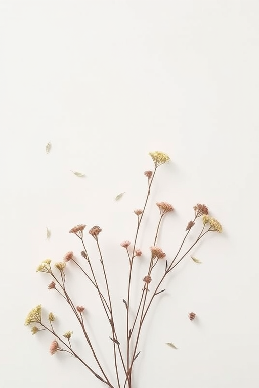 Create a minimalist design featuring delicate botanical elements in muted colors against a light background, using a 50mm lens, aperture f/2.8, ISO 100, shot in natural light with a flat lay composition.