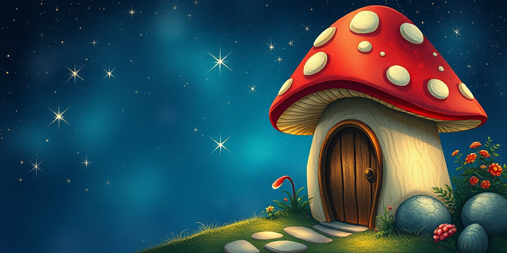 this picture is illustration of a mushroom house with a door and a window, a storybook , fantasy art, mushroom house, bg starry sky, sparkles