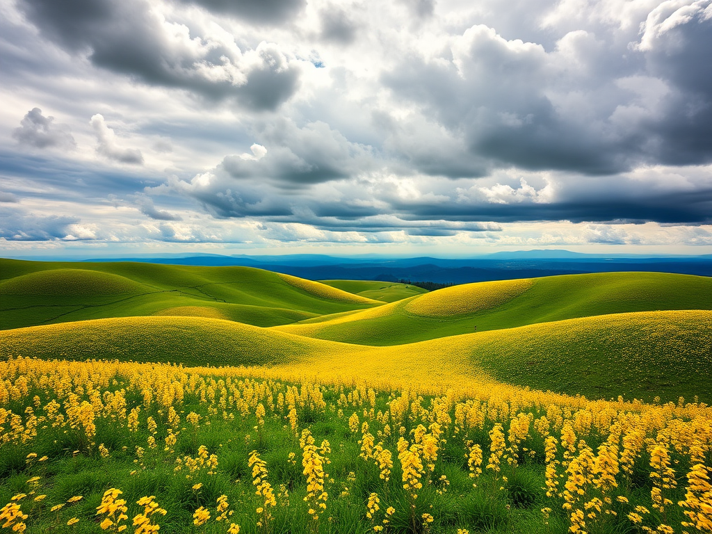 regenerate an image of rolling green hills covered in bright yellow flowers under a dramatic cloudy sky with distant blue mountains, use a DSLR camera, aperture f/8, ISO 100, 24mm lens, HDR processing for enhanced detail and vibrant colors