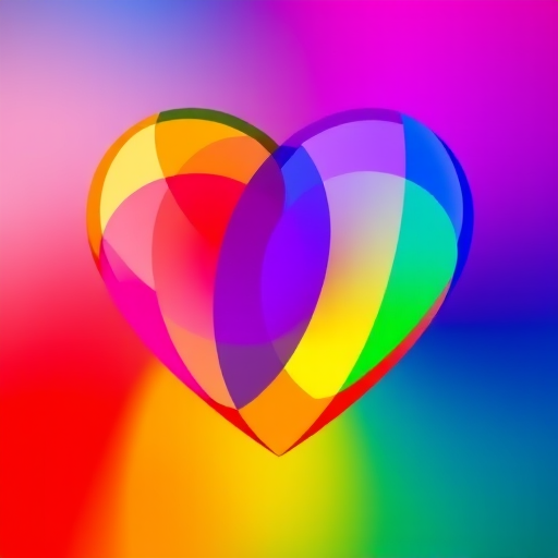 Create a vibrant heart with overlapping rainbow colors in a gradient style, captured with a digital camera at f/2.8, ISO 100, 50mm lens, using a macro view for enhanced detail and clarity.