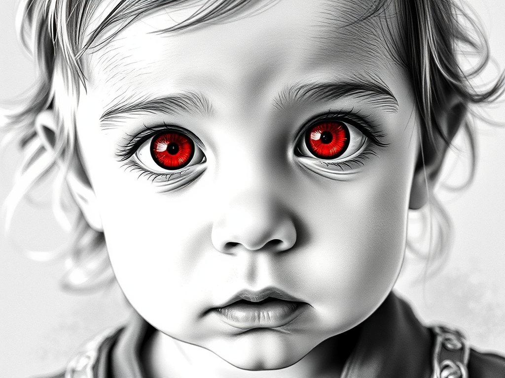 A hyperdetailed photorealistic black and white sketch of a beautiful toddler with deep red eyes, with a macro focus