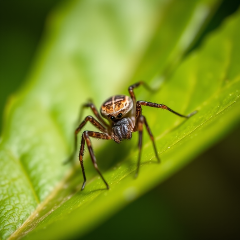 macro shot of a spider on green leaves, f/2.8 aperture, 1/250 sec shutter speed, ISO 100, 100mm macro lens, soft natural lighting, focus on the spider with a blurred background.