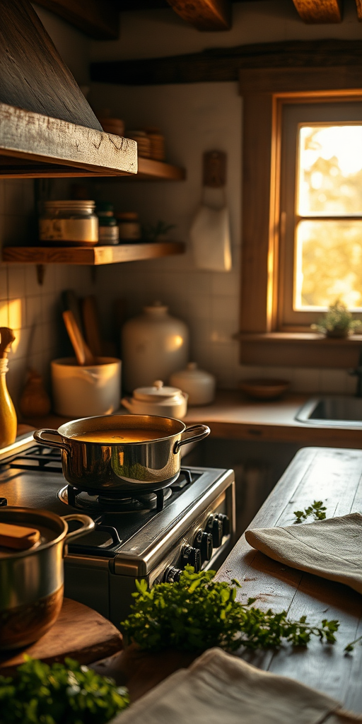 Warmly lit photo of a rustic kitchen, with a pot of soup simmering on a stove, soft golden light from a nearby window illuminating the wooden countertops and fresh herbs scattered around.