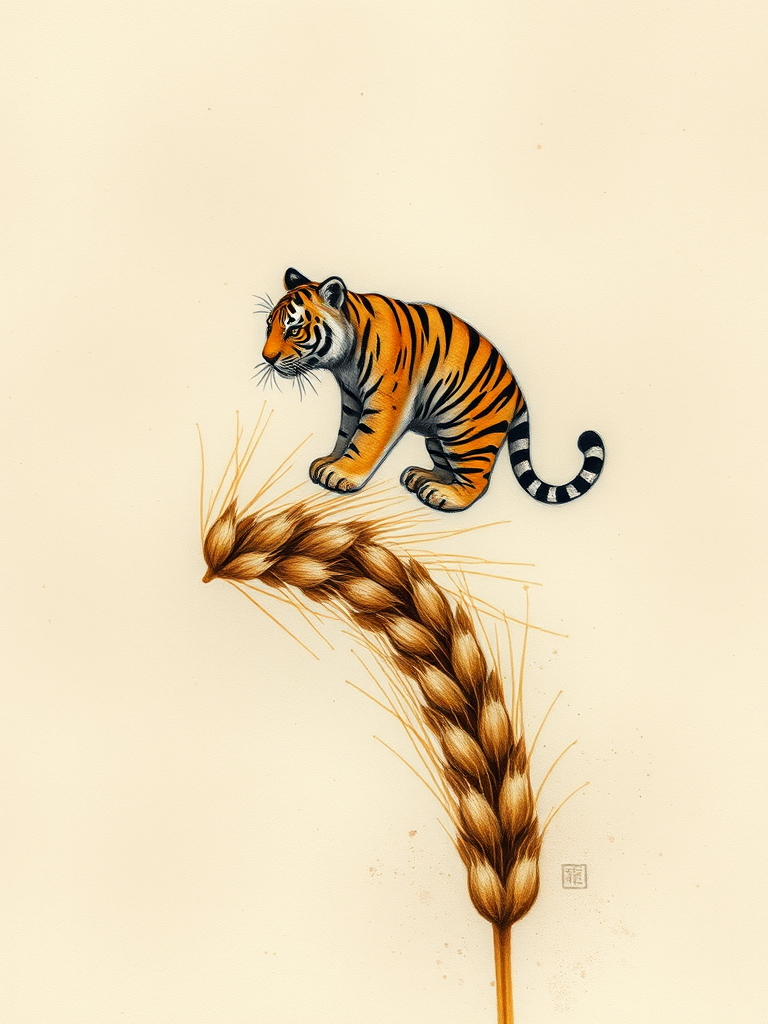 Soft, muted Alcohol Ink with ebru effect background image of tiny whimsical tiger, who climbed high on the top of a golden rye ear.