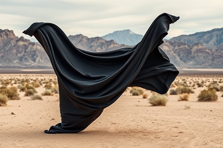 Generate an image of a unique, flowing black form resembling a draped fabric in a desert landscape with mountains in the background, captured using a DSLR camera at f/8, ISO 100, 1/200 sec, in a telephoto view to emphasize texture and detail, utilizing a high dynamic range for enhanced contrast and clarity.
