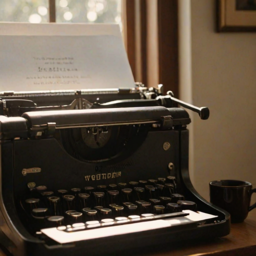 Sharp, detailed photo of a vintage typewriter, sunlight streaming through a nearby window, soft shadows cast by the keys, a blank sheet of paper loaded in the machine, the sound of distant typing filling the air, a cup of coffee steaming nearby.