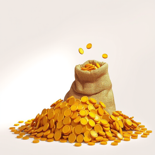 Create an illustration of a burlap sack overflowing with gold coins, captured with a DSLR camera set to f/8 aperture, ISO 100, 50mm lens, in a bright studio lighting setup with a slight overhead angle for depth and clarity.