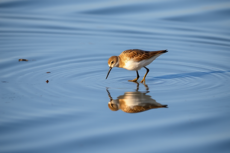 a small shorebird foraging in shallow water with gentle ripples, captured in soft natural light, shallow depth of field, ISO 200, f/4, 1/200 sec, 50mm lens, DSLR camera, focus on the bird's reflection in the water