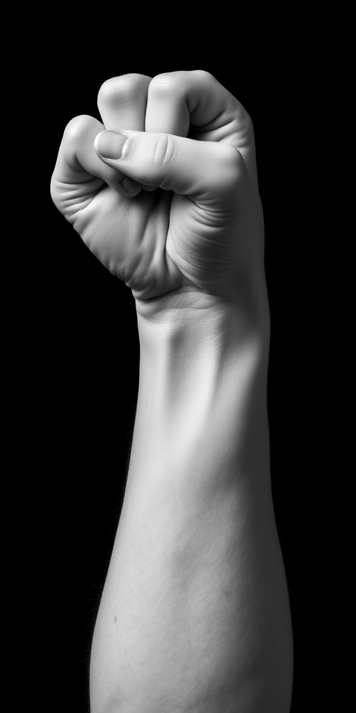 A raised fist in a powerful pose, high contrast black and white, shot with a DSLR camera, aperture f/2.8, shutter speed 1/125s, ISO 100, focus on details, natural lighting, close-up view.