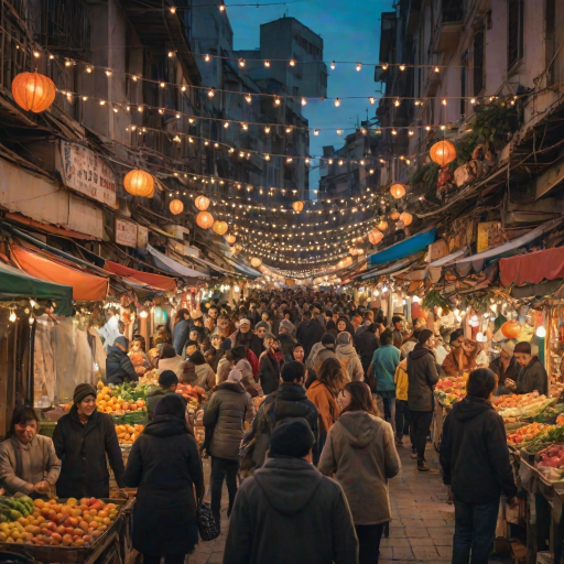Bustling street market at dusk, vibrant stalls displaying fresh fruits and vegetables, a vendor cheerfully calling out prices, and a group of friends laughing as they sample local delicacies, with twinkling lights strung overhead.