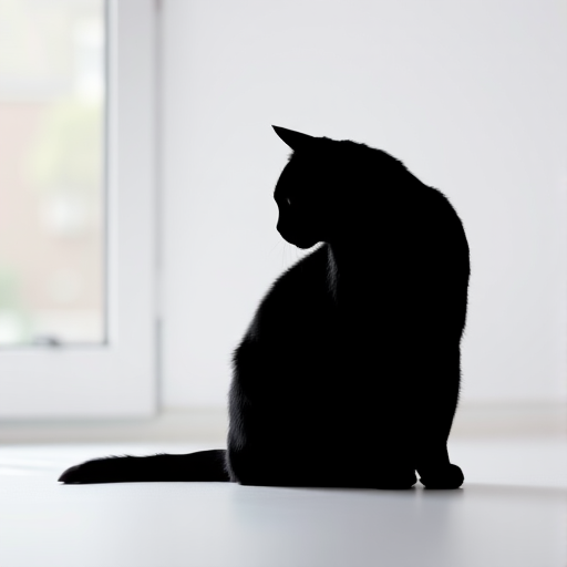 Generate a high-quality image of a minimalist black silhouette of a cat sitting, captured with a Canon EOS R5, 50mm lens, f/1.8 aperture, ISO 100, in soft natural light from a large window, with a clean white background and a shallow depth of field to emphasize the silhouette.