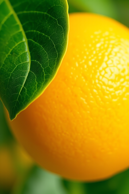 Generate a vibrant illustration of a lemon with a green leaf, using a macro lens at f/2.8 aperture and ISO 100, in a soft natural light setting, capturing intricate details and a blurred background for enhanced contrast.