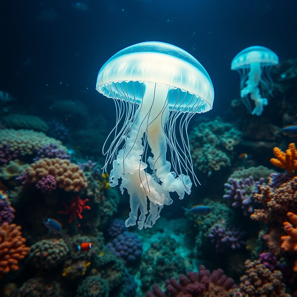 highly detailed underwater scene of glowing jellyfish surrounded by colorful coral reefs and small fish, soft ambient lighting, 50mm lens, f/5.6, ISO 200, shot at 1/125 sec, using a full-frame DSLR camera, wide-angle view to capture depth and detail in the underwater environment