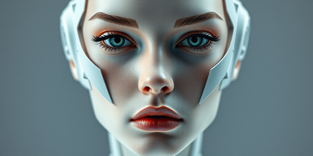 create an abstract portrait of a humanoid face integrated with geometric shapes and textures, emphasizing a futuristic and minimalist design, using a Canon EOS R5, ISO 100, f/8, 24mm, with a high dynamic range to enhance details and colors in a well-lit studio setting