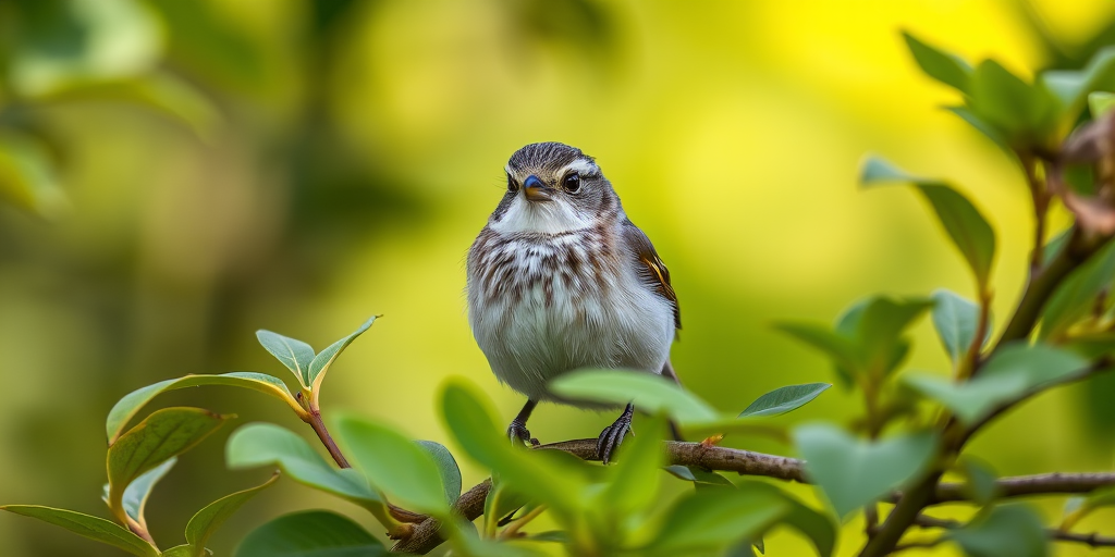a small bird with a round body and distinctive eye markings perched among green leaves in a soft, blurred natural background